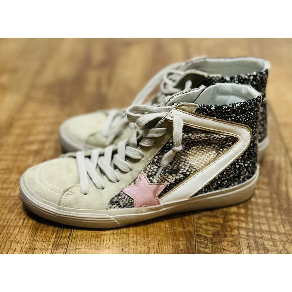 Shu Shop Passion Size 7 Womens High Top Sneakers Pink Star Zip‎ Lace Up Glitter